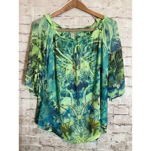 Energe Boho Top Womens Medium Teal Green Tropical‎ Jungle Print Tasseled Hippie